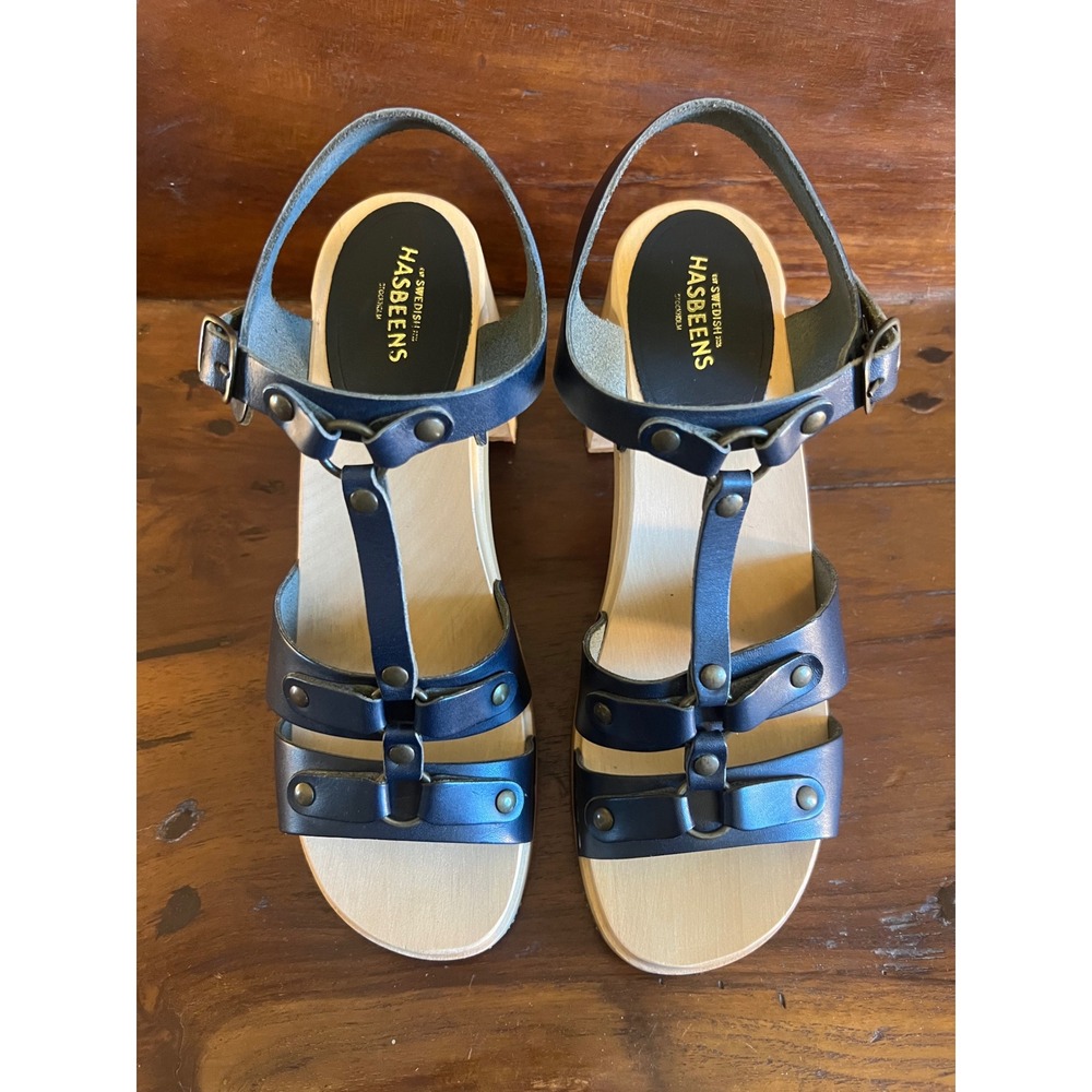 Swedish Hasbeens | Stina Navy Leather T-Strap Wood Heel Clog Sandals Size 39